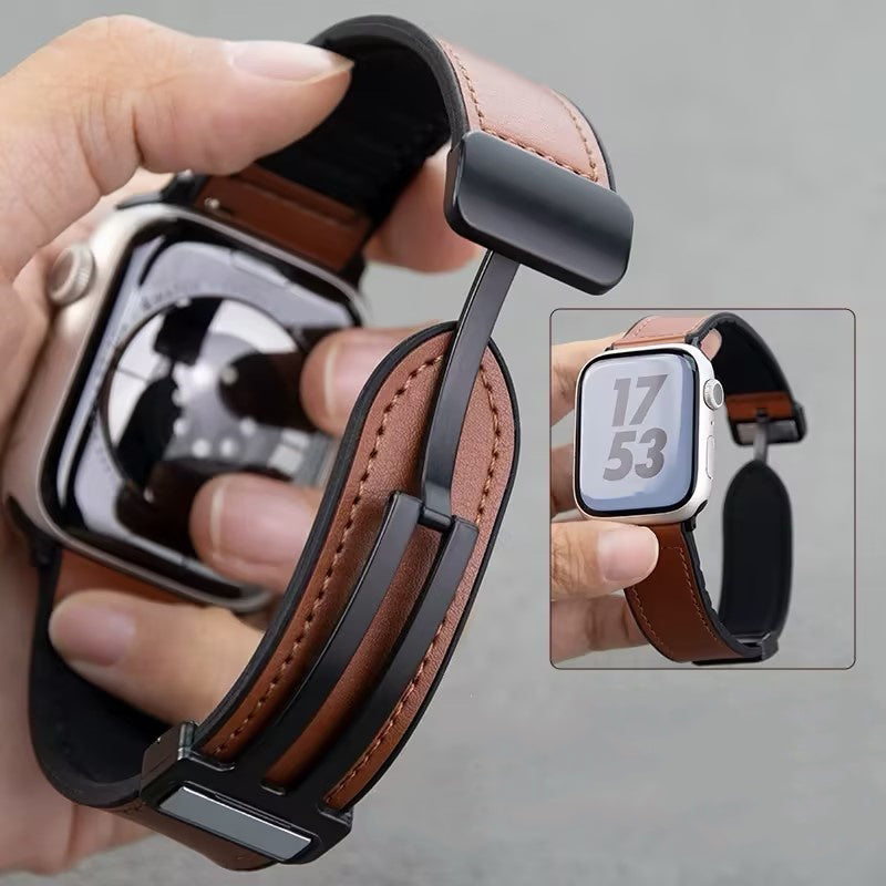 Brown Leather Silicon Magnetic Buckle Strap for Apple Watch