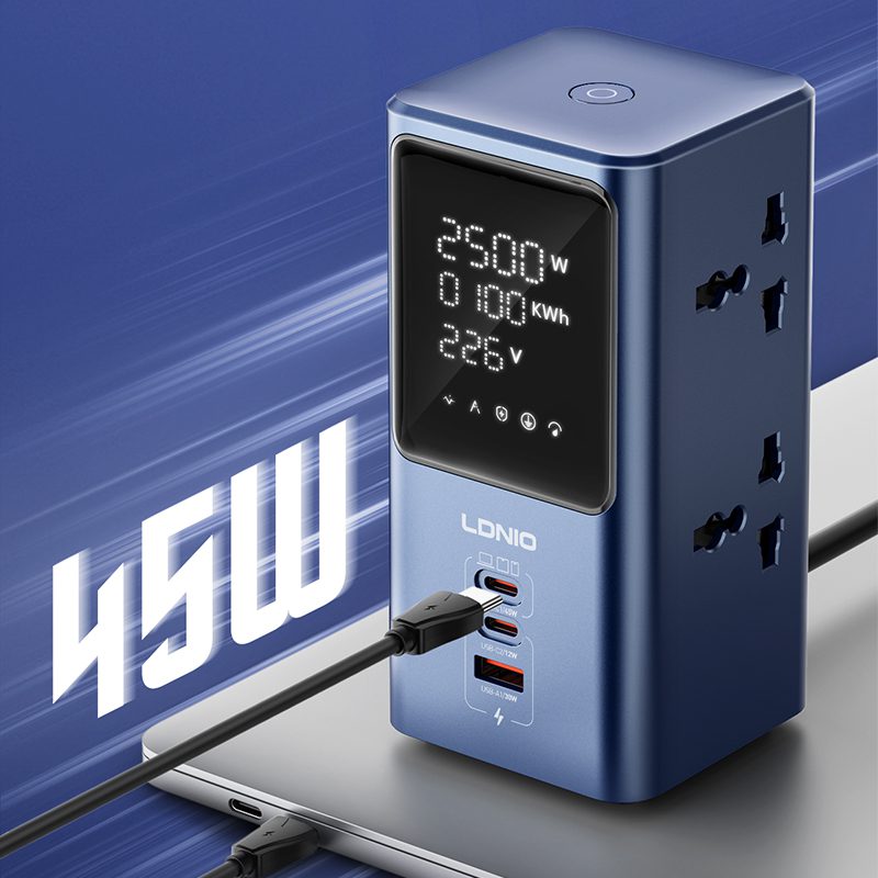 LDNIO 2500W Multi Tap Real-time Power LED Display Cube Power Strip Timer Outlet with 45W Fast Charging Station