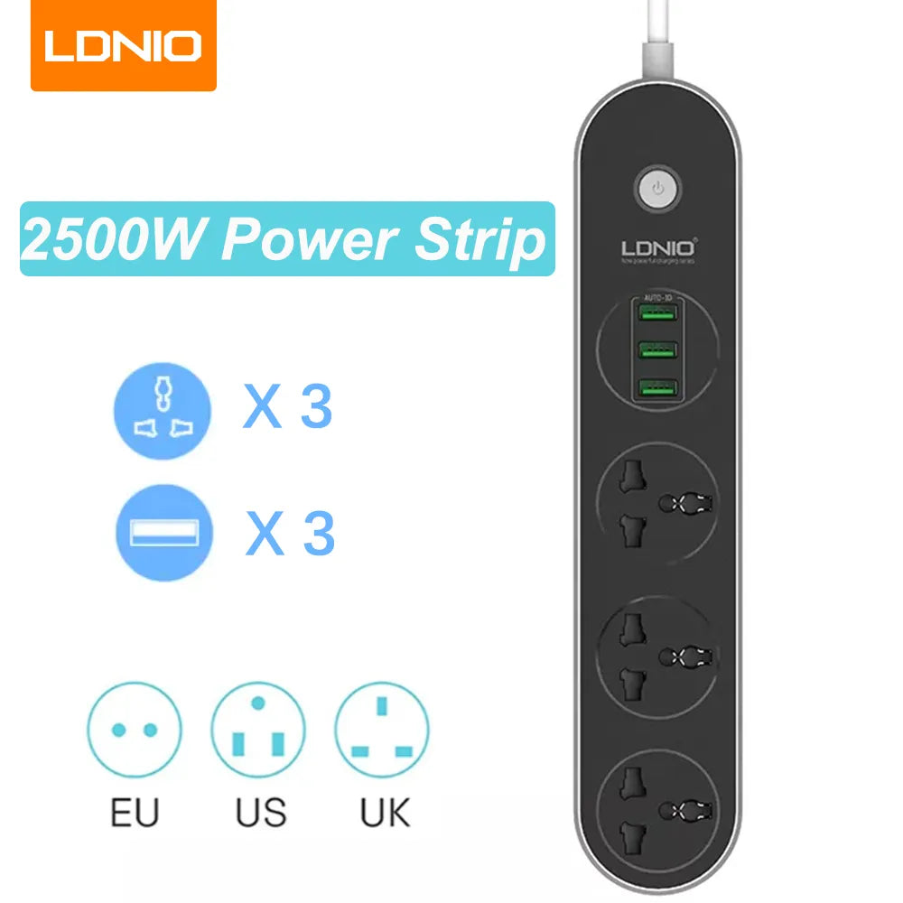 LDNIO 2500W 3 Outlet Sockets 3 USB Ports  QC3.0 Power Extension