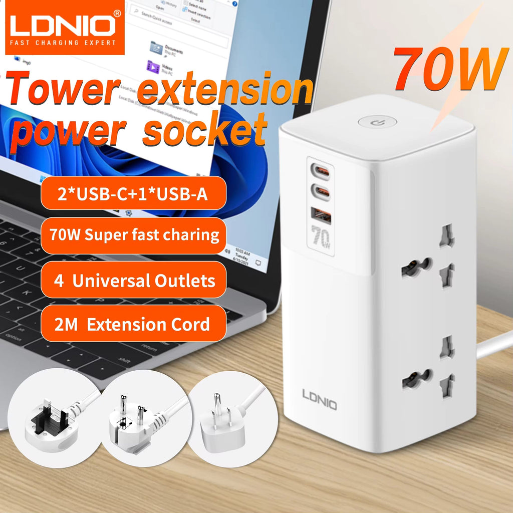 LDNIO 7 in 1 70W Multifunctional Charging Station 4 Universal Outlet 2500W 2 Type-C PD + USB Port 3.0 Power Extension