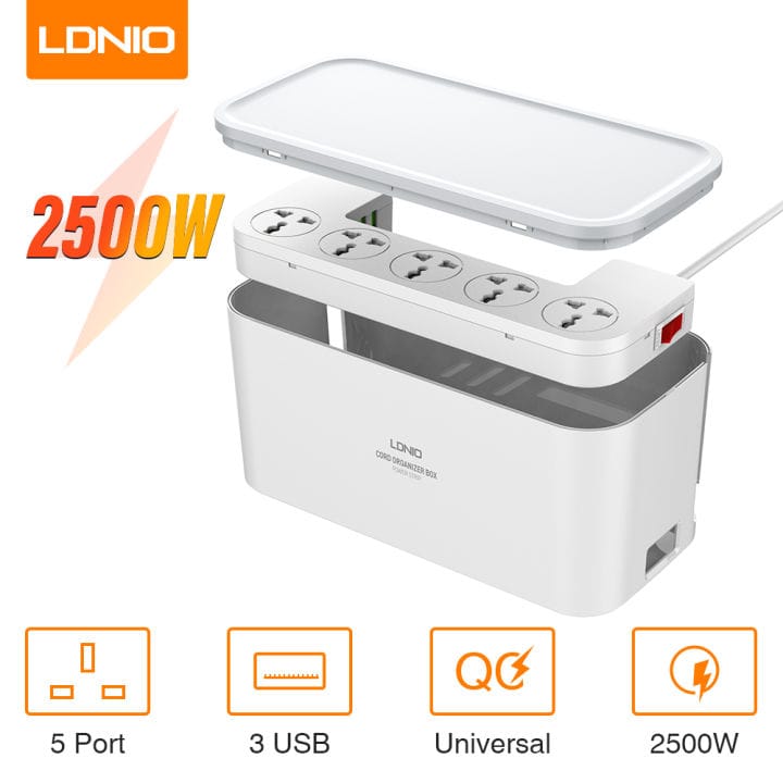 LDNIO Cable Management Box 2500W Power Extension with Wireless Charging