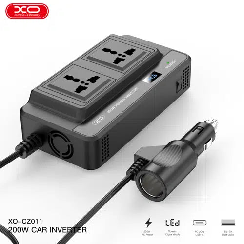 XO 200W Car Inverter Dual USB + Type C PD Led Display Fast Charging Station
