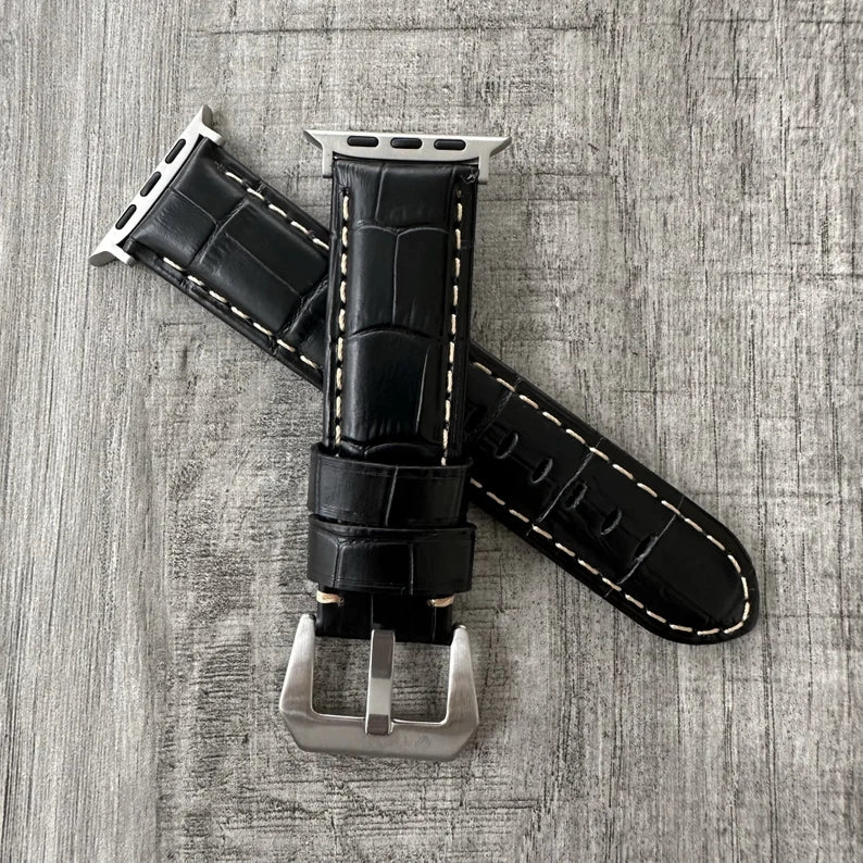 Black Gator Leather Strap For Apple Watch