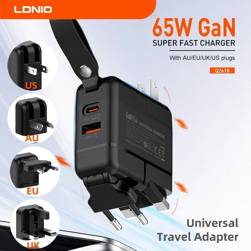 LDNIO GaN 65W Type C + USB Portable Universal Travel Charger