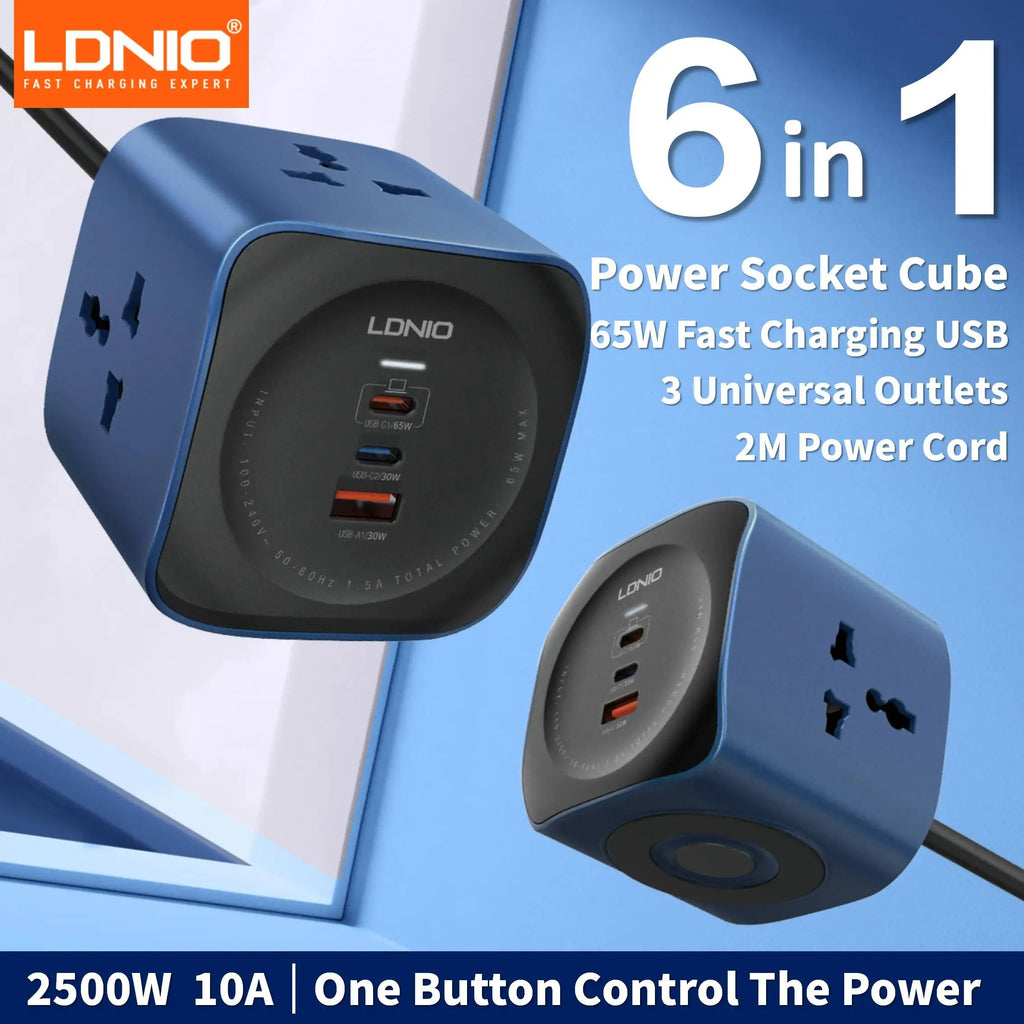 LDNIO 2500w 6 in 1  Dual Type C+USB Ports 3 Ways Socket Desktop Charging Station