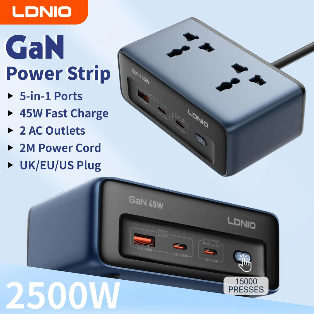 LDNIO 5 in 1 2500w Universal 2 Outlet GaN 45w Dual Type C + USB Ports Desktop Power Strip