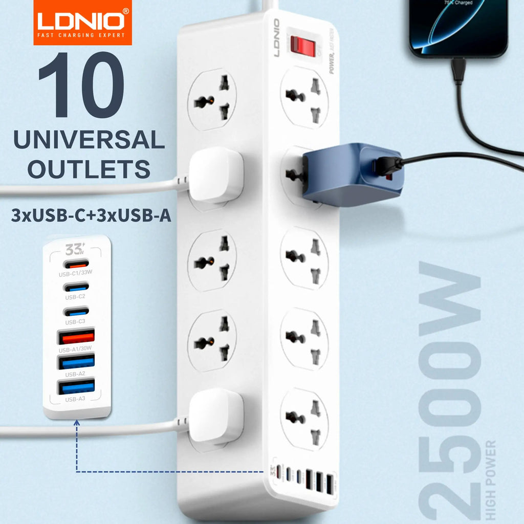 LDNIO 2500W 10 Outlet Sockets 6 USB Ports PD & QC3.0 Power Extension
