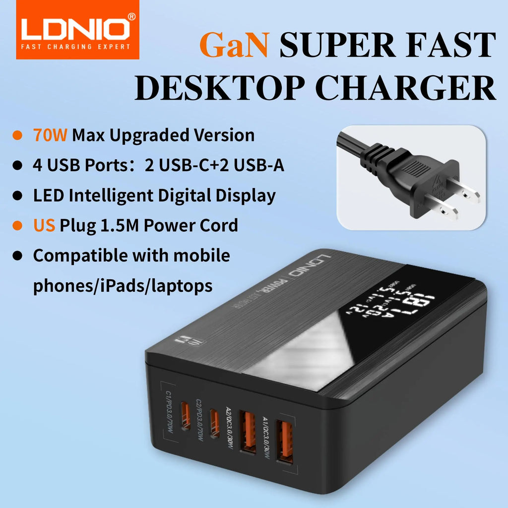 LDNIO 70W GaN Digital Display Desktop Charger PD QC4.0 4 Ports USB and Type C