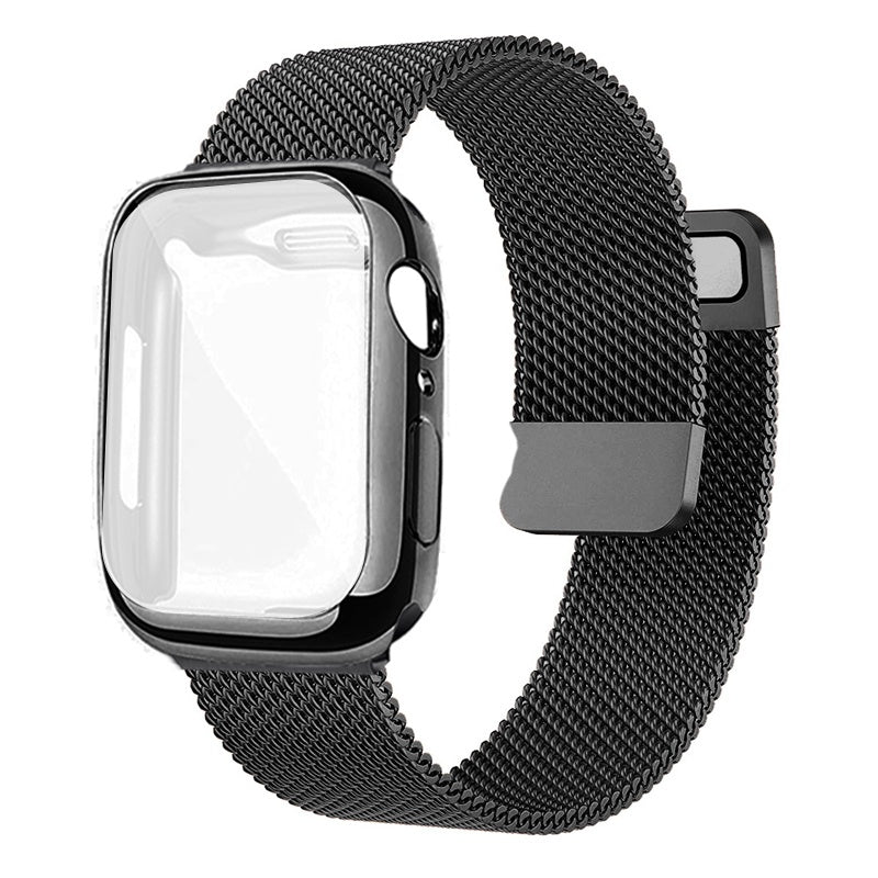 Black Milanese Stainless Steel Loop Band with Case for Apple Watch