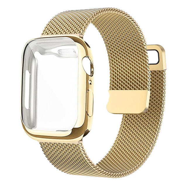 Gold Milanese Stainless Steel Loop Band with Case for Apple Watch