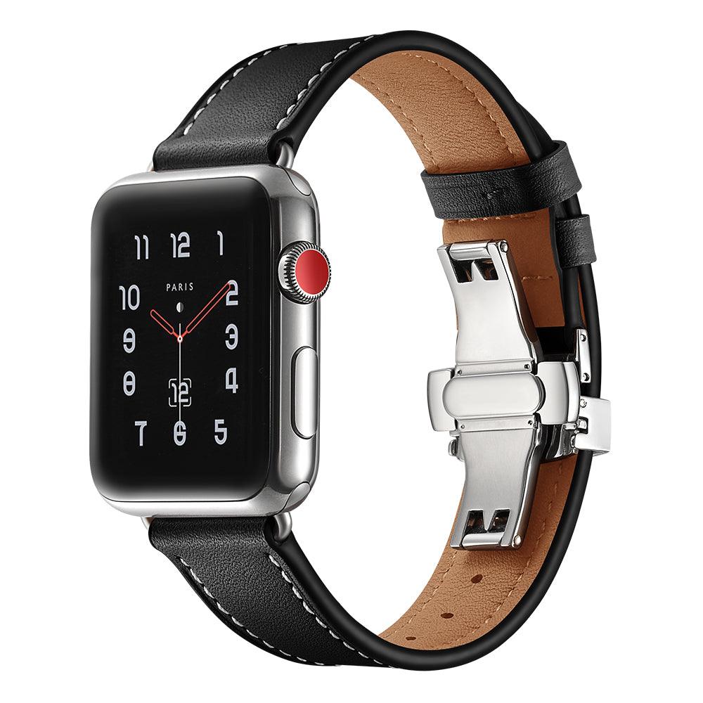 Black Leather Strap with butterfly Clasp For Apple Watch - Phonetive.pk