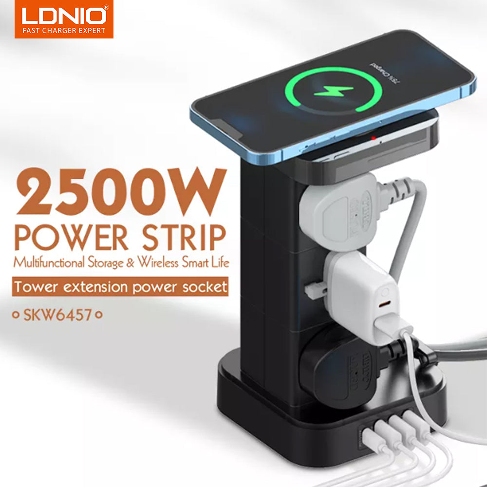 LDNIO 2500W Tower Extention 15W Wireless Charging Power  With 6 Outlet 4 USB Ports Power Strip