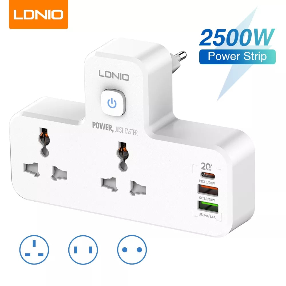 LDNIO Power Strip 3 USB 2 Outlet Socket PD & QC 3.0