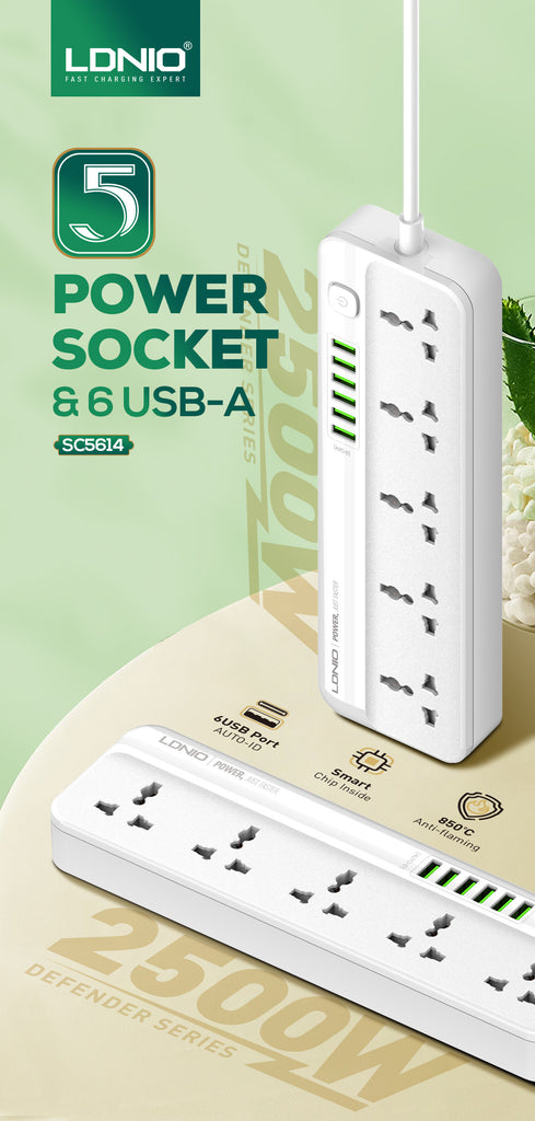 LDNIO 2500W Power Strip With 6 USB Extension 5 Socket Plug  AC Outlet