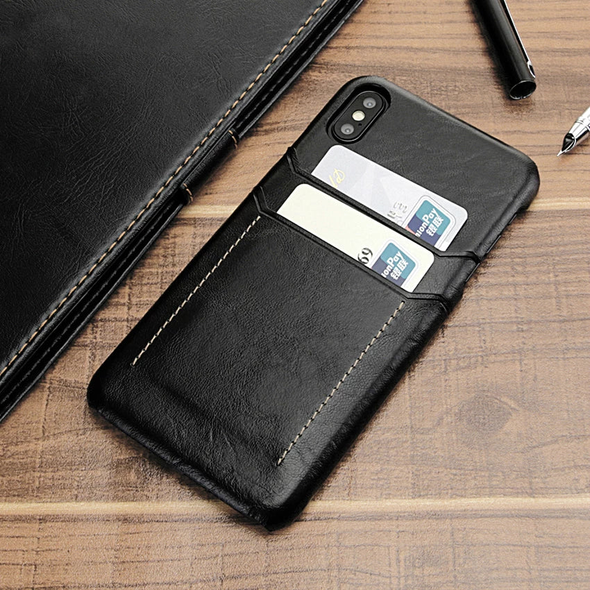 Black Luxury Leather Slim Back Card Holder Case for iPhone