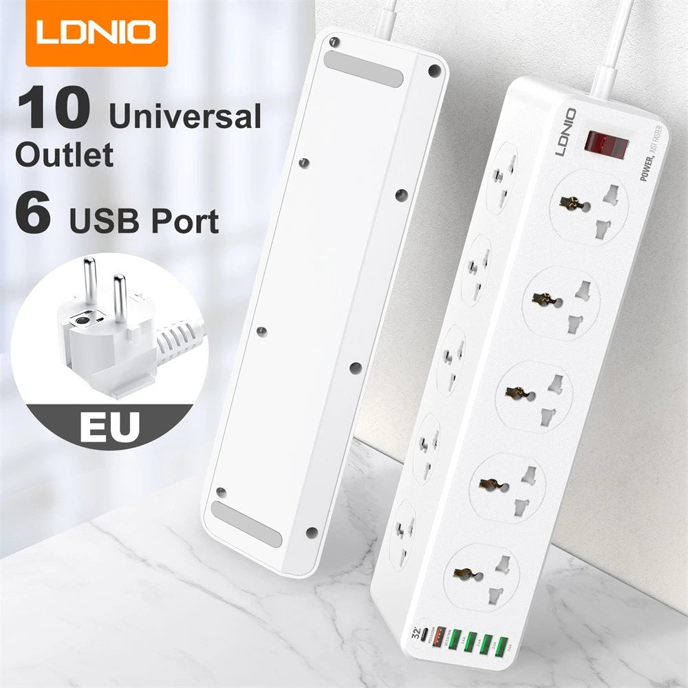 LDNIO 2500W 10 Outlet Sockets 6 USB Ports PD & QC3.0 Power Extension